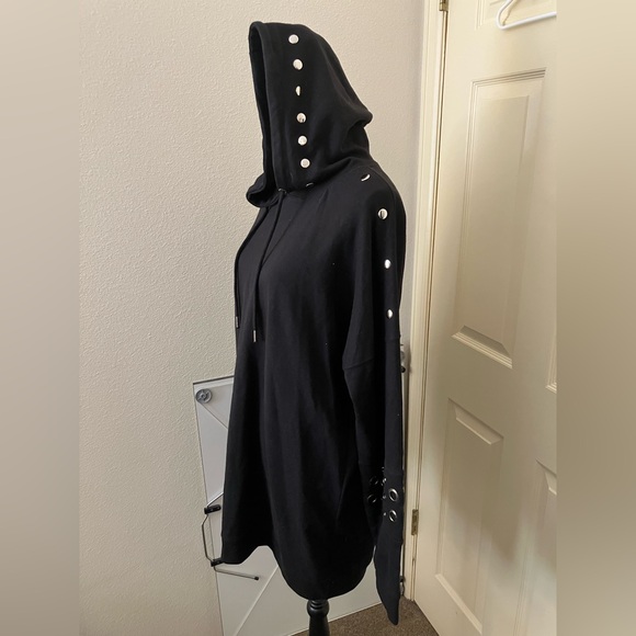 Missguided Black heavyweight long oversized Hoodie Grommet studded  large 12 - Picture 2 of 6